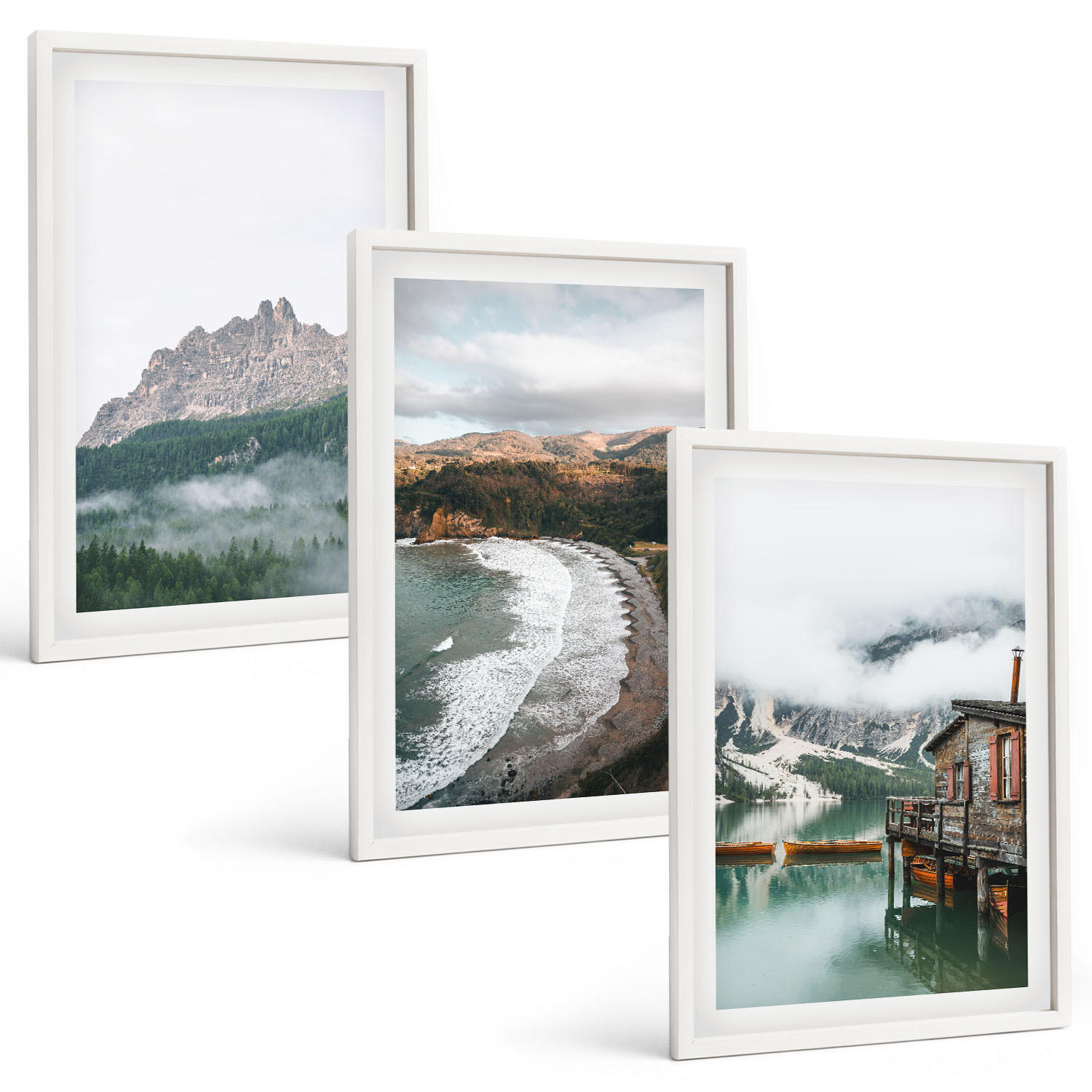 BILDER SET 3er Set - 40x60 cm Weißer Rahmen - Holzhaus an Bergstränden - Weiß, Kunststoff (40/60cm) - TULUP