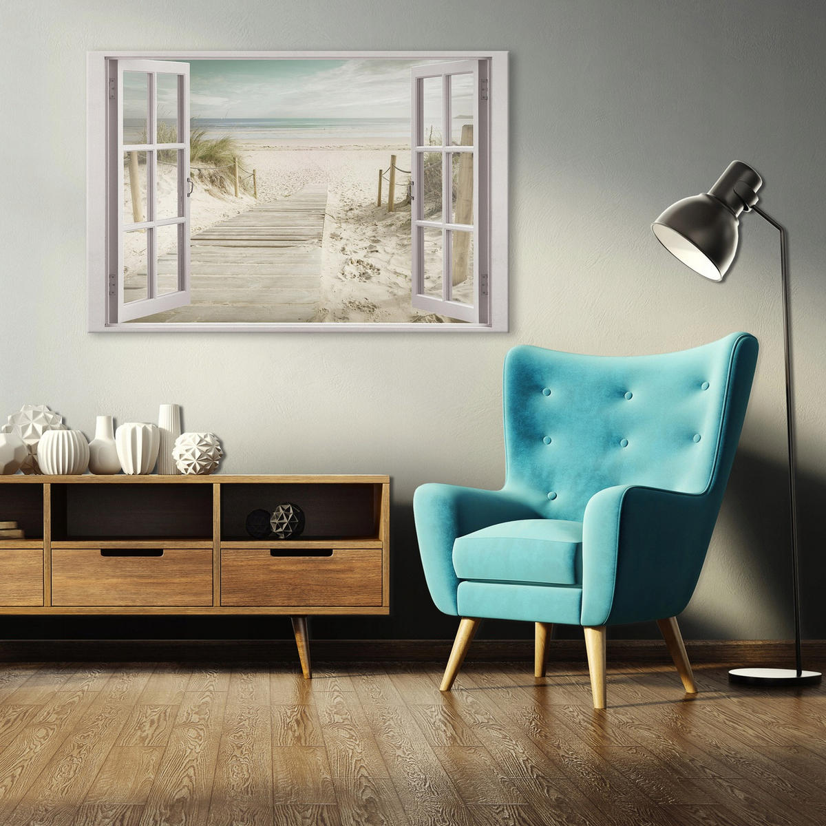 LEINWAND BILDER Fenster Strand Meer Wohnzimmer 80x60 - Multicolor, Holzwerkstoff (80/60cm) - Wallarena