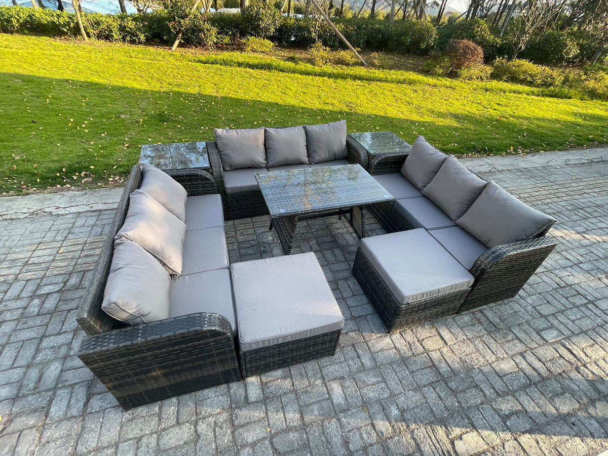 GARTENMÖBELSET mit ESSTISCH, 3-SITZER SOFA Polyrattan 11-Sitzer - Dunkelgrau/Grau, Glas/Kunststoff - Fimous