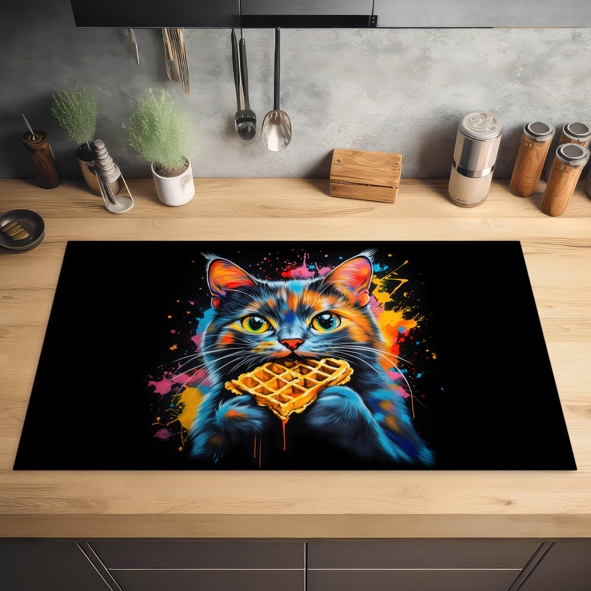 HERDABDECKPLATTE Katze - Graffiti - Bunt - Waffel - Essen Ceranfeldabdeckung 90x52 cm - Multicolor, Kunststoff (90/52/0.2cm) - MuchoWow