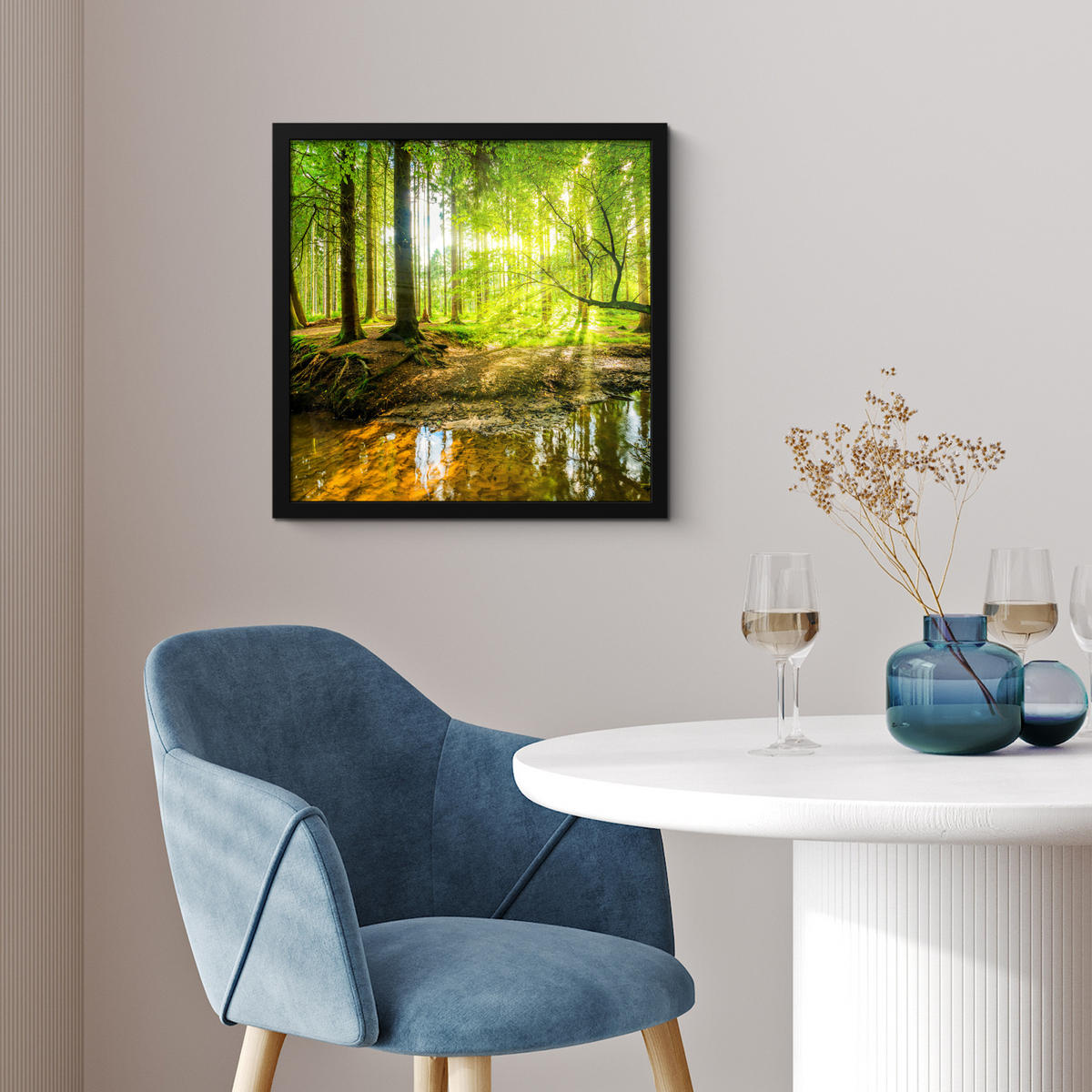 POSTER MIT RAHMENGERAHMTES BILD Wald - Landschaft - Wasser - Bäume - Sonne - Grün - Natur 40x40 cm - Grün, Papier (40/40cm) - MuchoWow