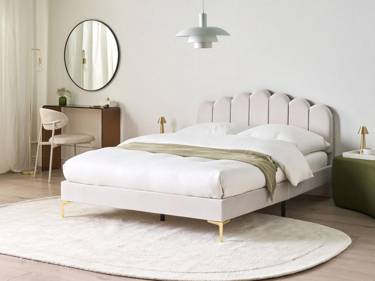 POSTEL s roštem 140/200 cm Sametová látka Krémově bílá Sauvian - krémová, textil (140/200cm) - Beliani
