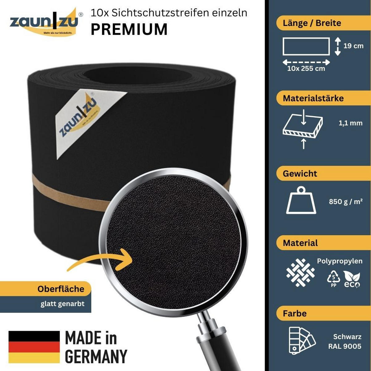 SICHTSCHUTZSTREIFEN PP Sichtschutzstreifen Doppelstabzaun Schwarz,10x 2,55m - Schwarz, Kunststoff (2550/19cm) - ZAUN|ZU