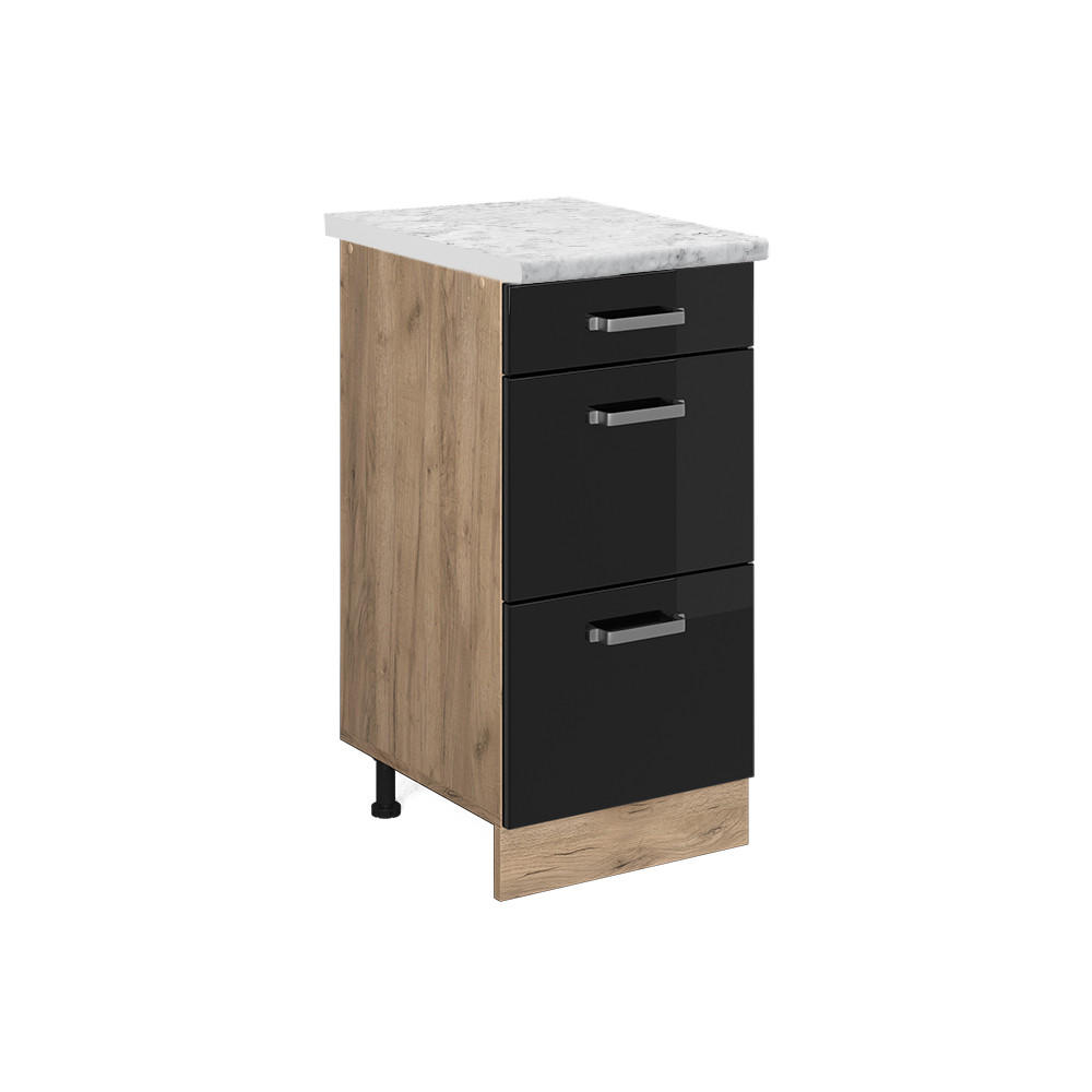 KÜCHENUNTERSCHRANK R-Line Schwarz Hochglanz 40 cm AP Marmor - Schwarz Hochglanz/Eiche Wotan, Holzwerkstoff (40/81.6/60cm) - Vicco