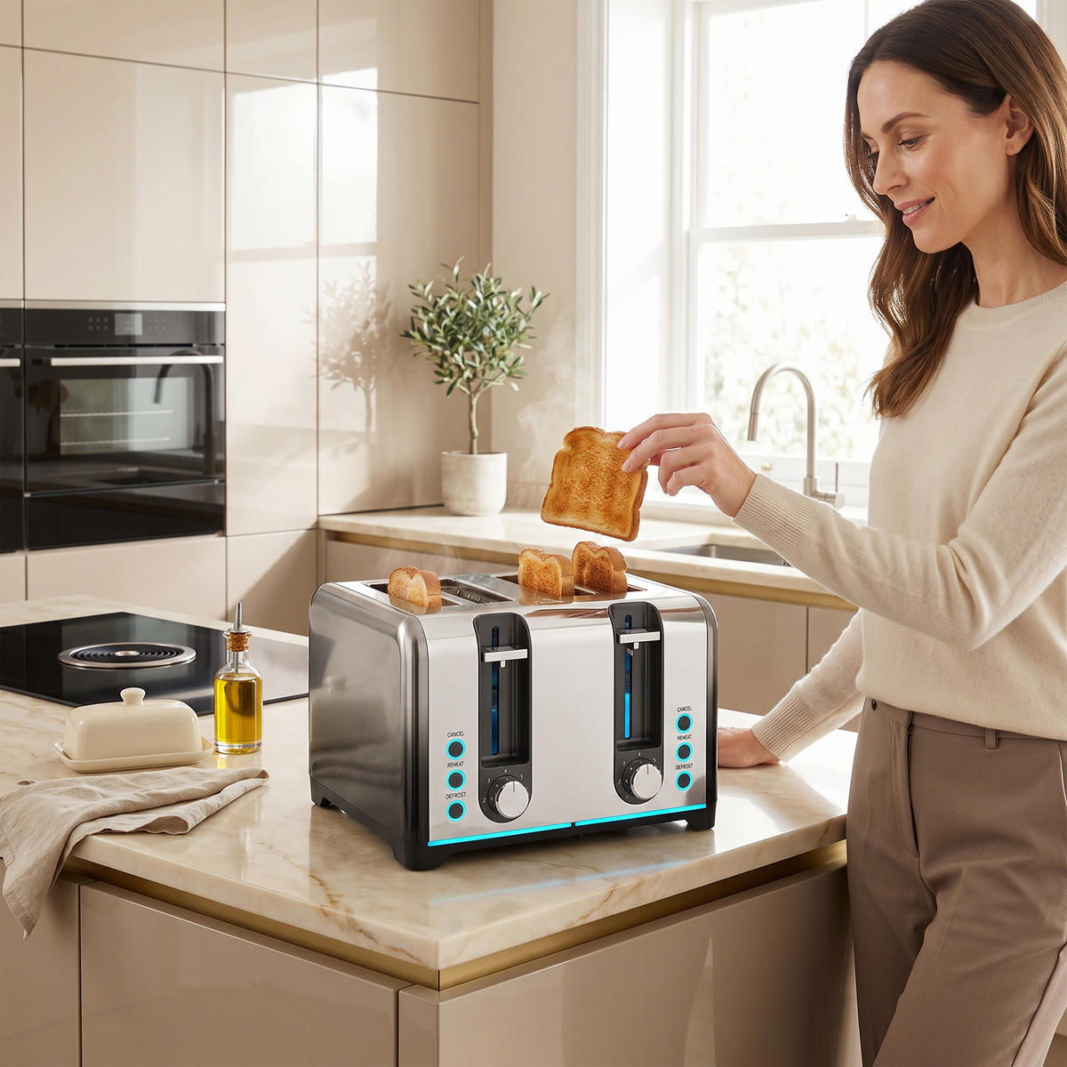 TOASTER 4-Scheiben mit Bräunungsstufen, Auftaufunktion, Aufwärmfunktion - Schwarz, Metall (15.6/18.9/26.4cm) - Korfee