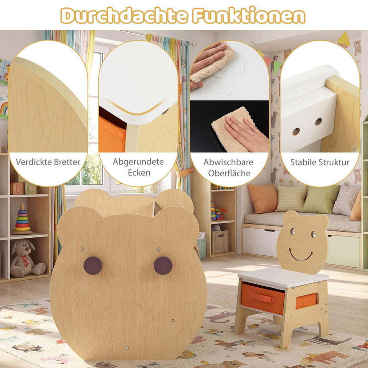 KINDERTISCH mit stuhl natur(2-tlg) - Naturfarben, Holzwerkstoff (59.5/60/60cm) - COSTWAY