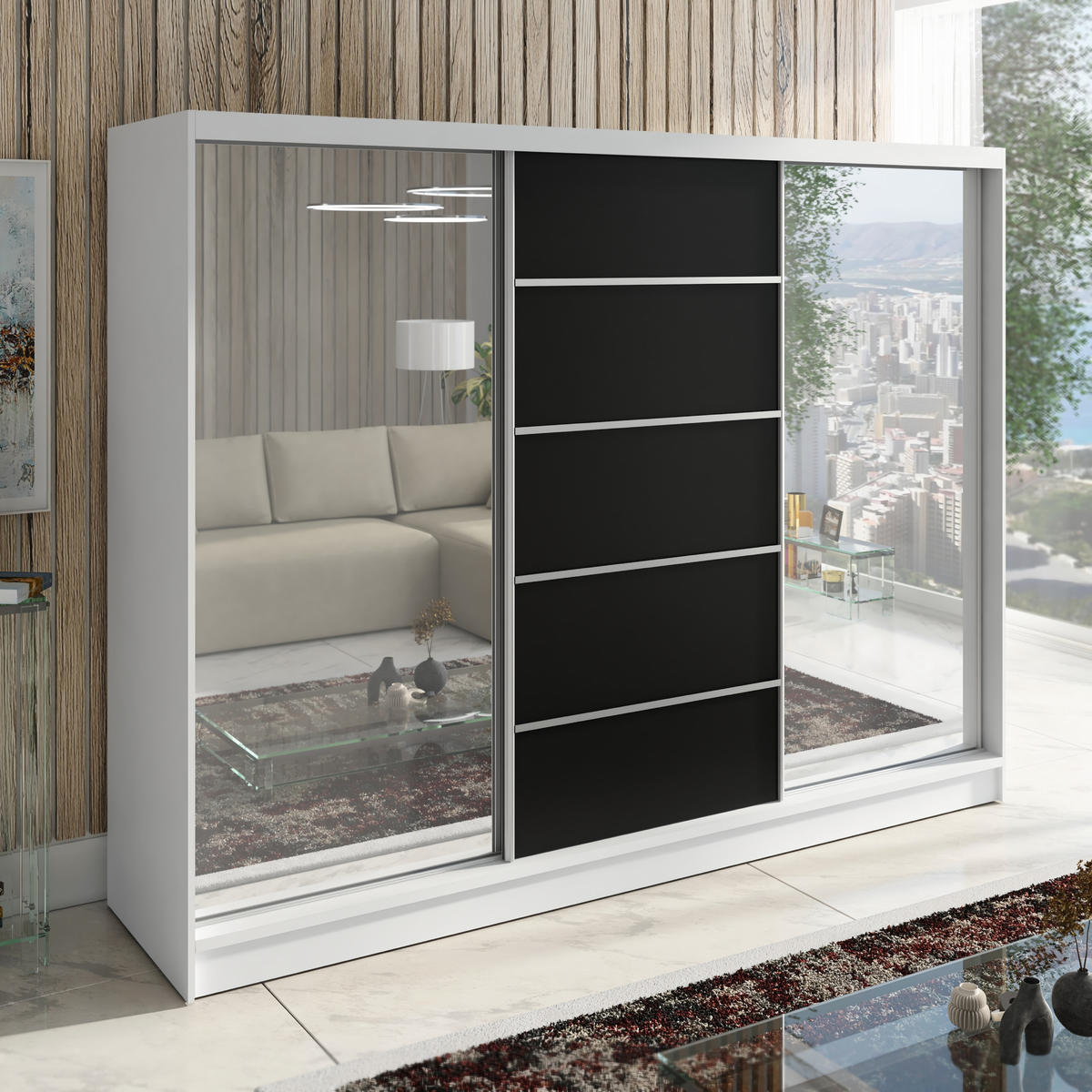 SCHWEBETÜRENSCHRANK 200 CM TOP Farbe: Weiß, Schwarz - Schwarz/Weiß, Holzwerkstoff (200/215/60cm) - A&J MöbelLand