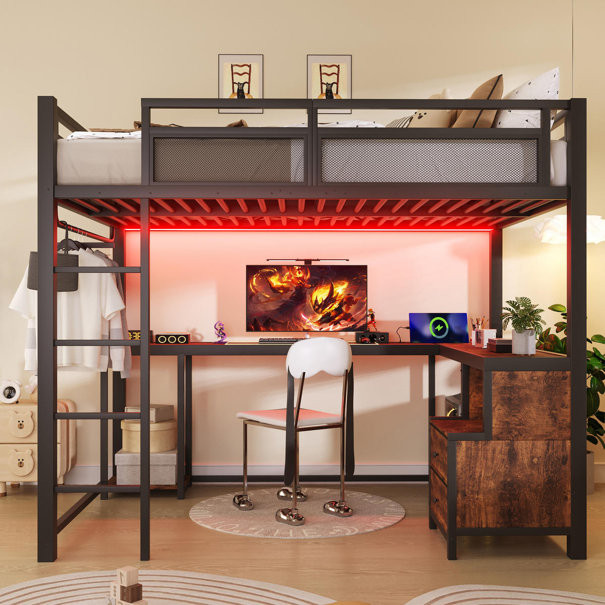 HOCHBETT 140/200 cm in Schwarz Metall und Holz mit LED, USB, Schreibtisch und Ablagefächern - Schwarz, Holzwerkstoff/Metall (140/200cm) - WISHDOR