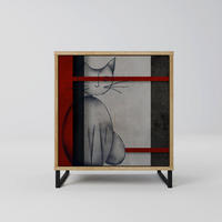 SIDEBOARD GRAY FIGURES, Eichefarben, 57,5x42x67,5 cm, Schwarze Metall-Rahmenfüße - Eichefarben/Multicolor, Holzwerkstoff/Metall (57.5/67.5/42cm) - SpaceRebels