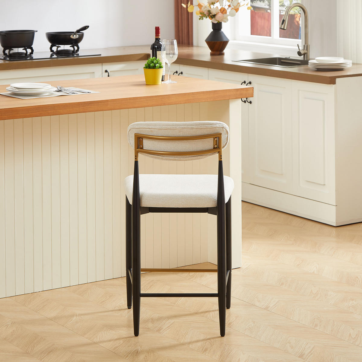 BARHOCKER 2er-Set mit Rückenlehne und Stoffkissen, Creme - Beige, Textil (51/94/50cm)
