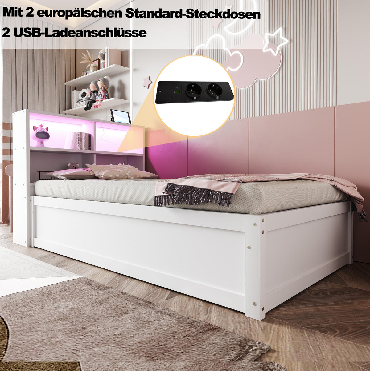 SCHLAFSOFA 90/200 cm mit LED-Beleuchtung, Steckdose und hydraulischem Stauraum, Weiß - Weiß, Holzwerkstoff (98/82/220.5cm) - Redom