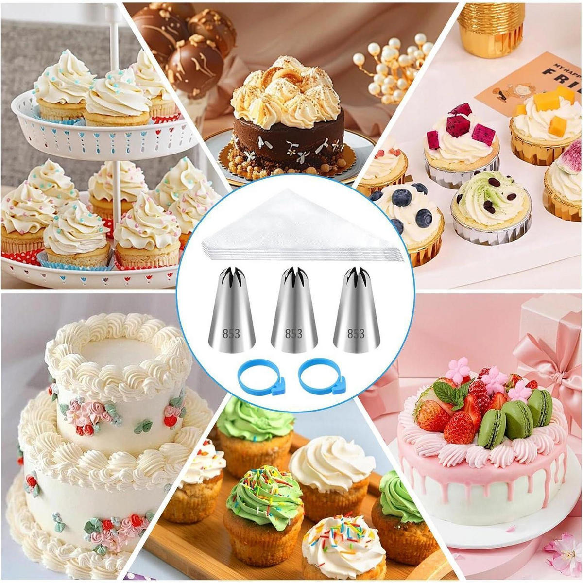 SPRITZBEUTEL Set 33-teilig mit 30 Einwegbeuteln und 3 Edelstahl-Tüllen - Silberfarben, Metall (2.5/4.3/4.3cm)