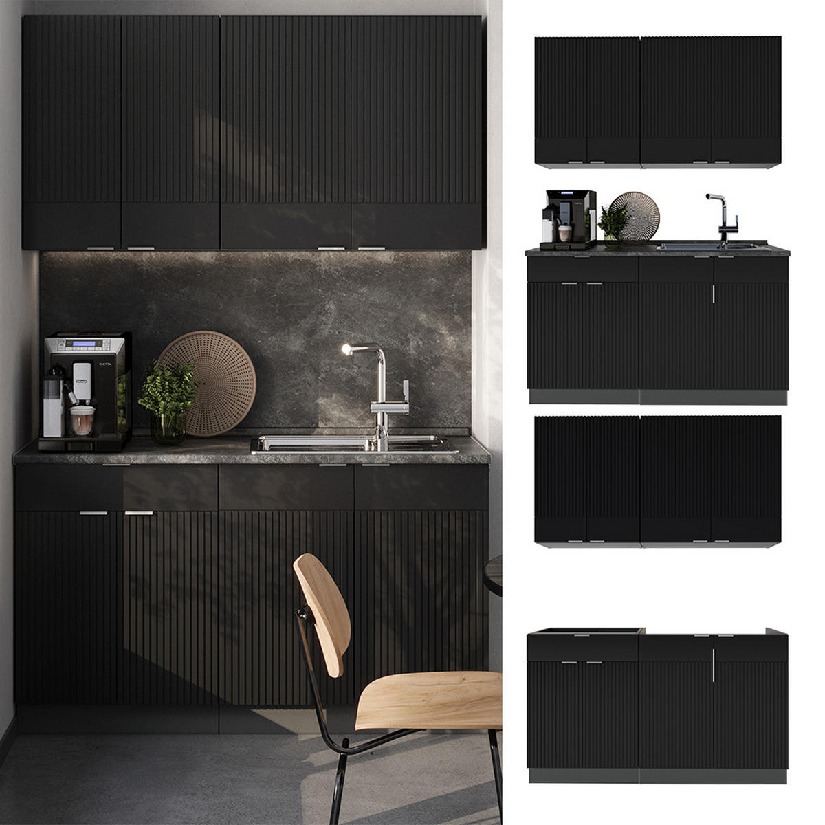 SINGLEKÜCHE Fame-Line, Schwarz gestreift/Anthrazit, 140 cm ohne Arbeitsplatte - Anthrazit/Schwarz, Holzwerkstoff (140/81.6/46cm) - Vicco