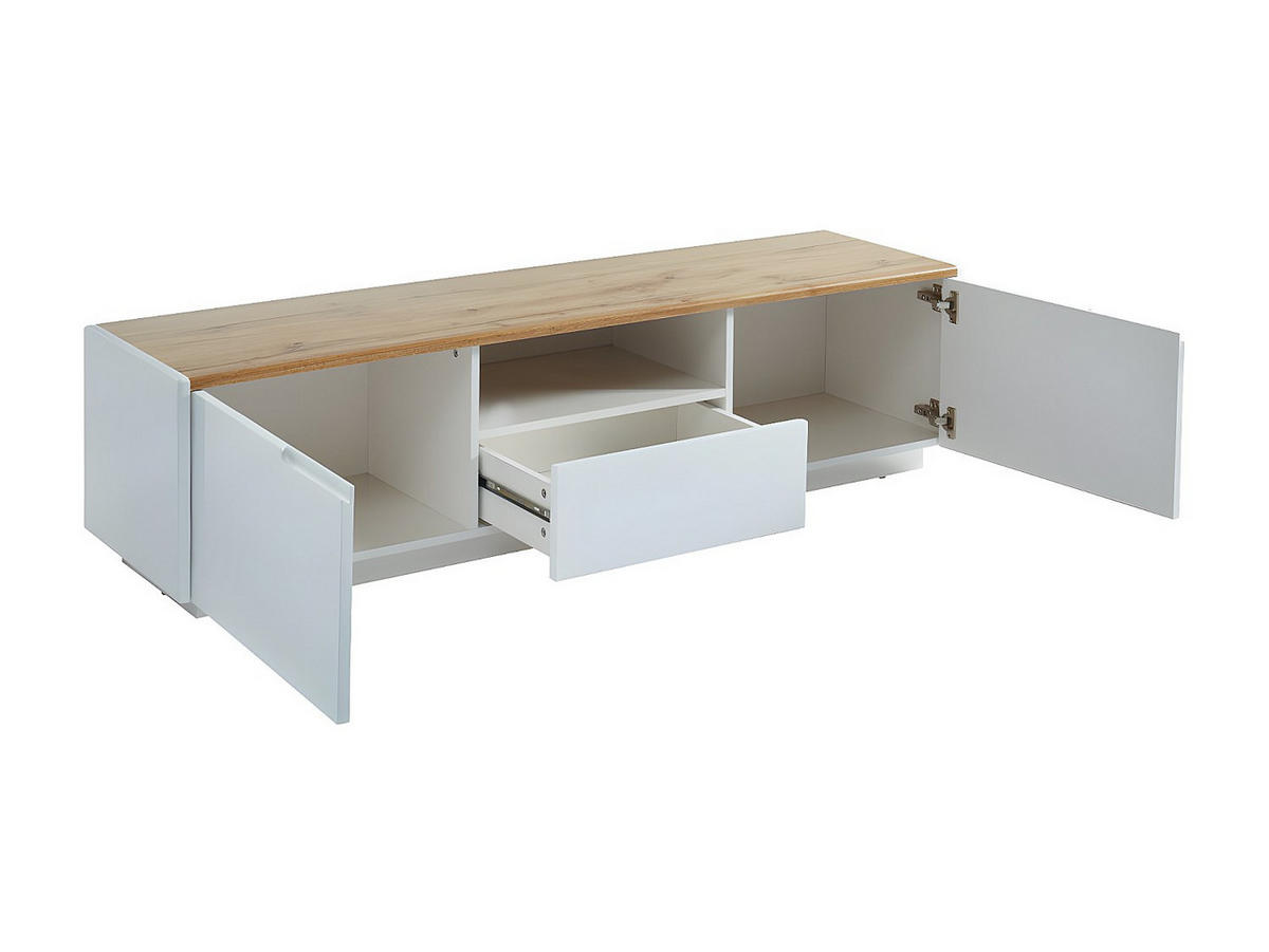 TV-MÖBEL mit 2 Türen & 1 Schublade - MDF lackiert - Weiß & Eichefarben - AMANI - Naturfarben, Holz (160/40/40cm) - Vente-Unique