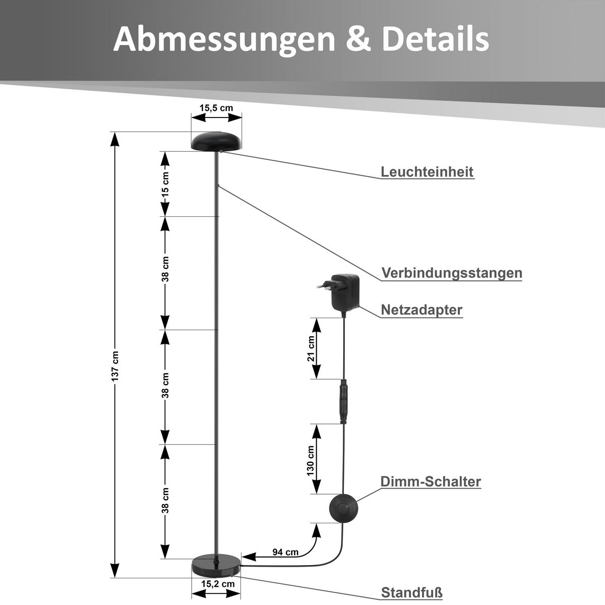 LED-DESIGN-STEHLEUCHTE stufenlos dimmbar Trittschalter 3000K 140cm hoch Metall Schwarz - Schwarz Hochglanz, Metall (15/15/137cm) - Elblight.de