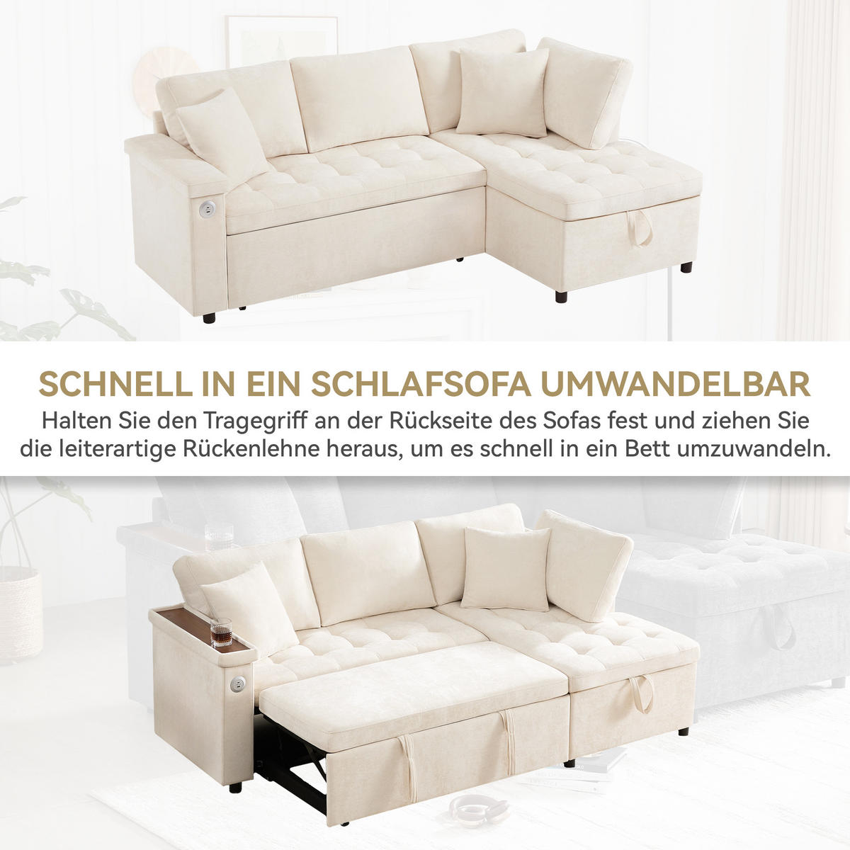 ECKSOFA rechts mit Schlaffunktion, Chenille & Stauraum, 209/130/84 cm, Beige - Beige, Textil (130/209cm) - Redom