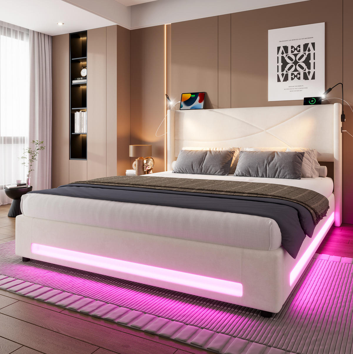 ČALÚNENÁ posteľ z velvetu 140x200 cm béžová s LED osvetlením, 2 čítacími lampami, USB a úložným priestorom - béžová, textil (90/200cm) - Modfu