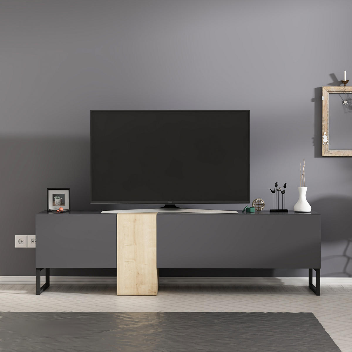 TV-LOWBOARD Anthrazit Saphir mit Metall Füße 9161 - Anthrazit/Beige, Holzwerkstoff/Metall (157/45/37cm) - moebel17