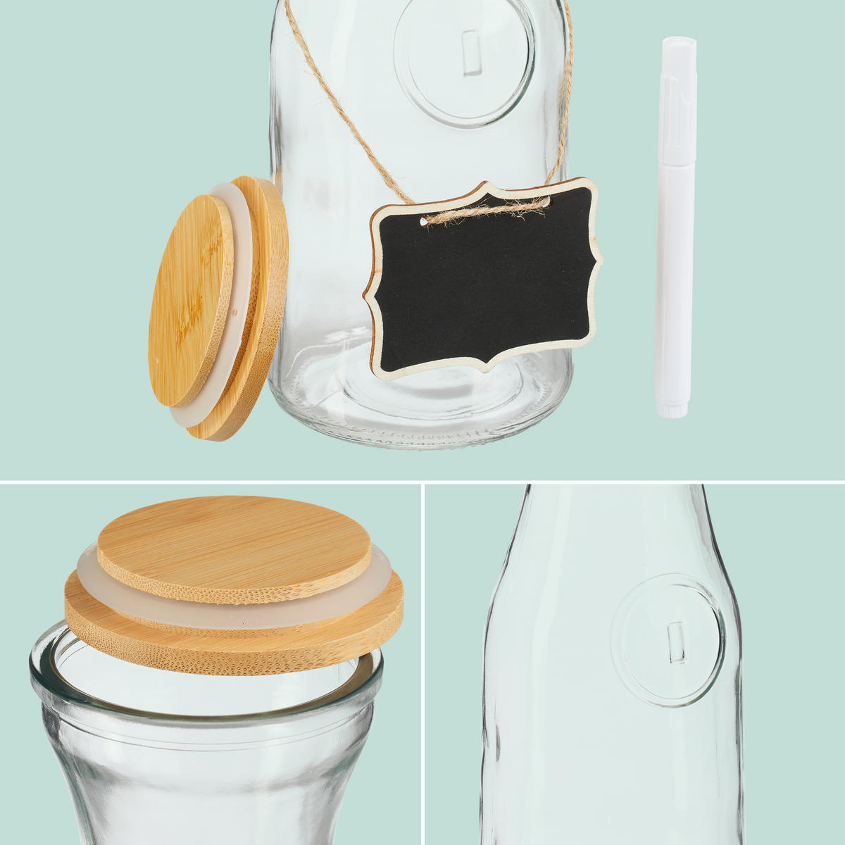 SÚPRAVA karaf na vodu - priehľadné, drevo/plast (1L) - Relaxdays