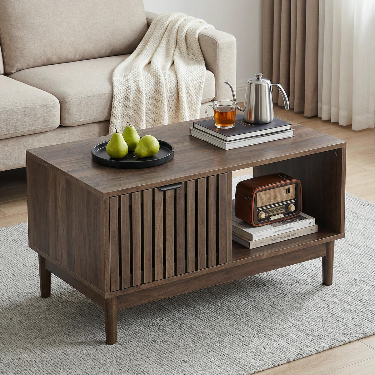 COUCHTISCH holzoptik & gitter-design mit schublade & offenen fächern - Walnussfarben, Holzwerkstoff (50/80/45cm) - Urban Meuble