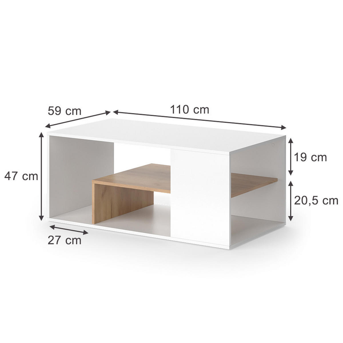 COUCHTISCH Edgar Weiß/Goldkraft Eiche 110 x 59 cm - Honigeiche/Weiß, Holzwerkstoff (59/110/47cm) - Vicco