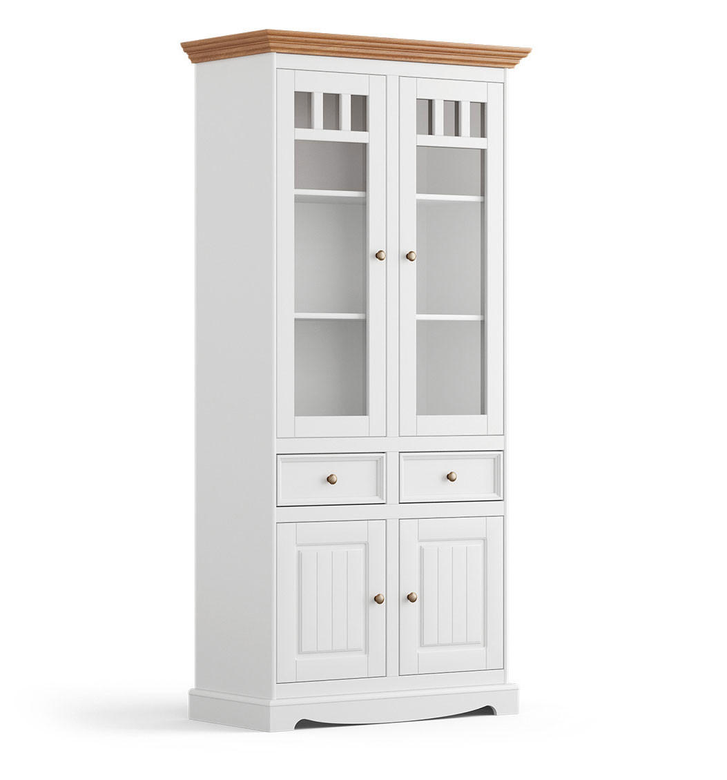 VITRINE Belluno Elegante Kiefer weiß (RAL9010) lackiert / Kiefer gebeizt, Eichefarben 89 / 44 / 190cm - Eichefarben/Weiß, Holz/Holzwerkstoff (89/190/44cm) - Feldmann-Wohnen