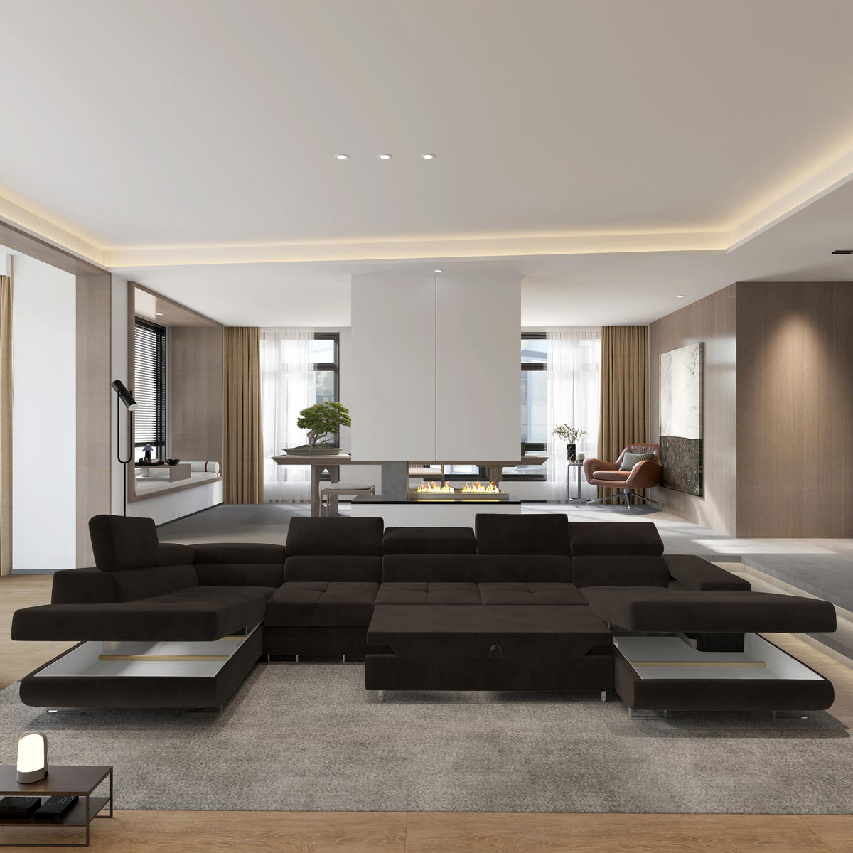 WOHNLANDSCHAFT VELORA L-S Braun Velours-Stoff mit Schlaffunktion - Braun, Holz (419/90/202cm) - MASSENO