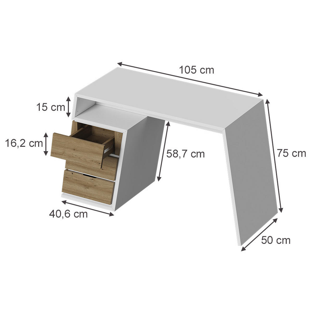 SCHREIBTISCH Okaro Weiß/Eiche 105 x 50 cm mit 3 Schubladen - Eichefarben/Weiß, Holzwerkstoff (50/105/75cm) - Vicco