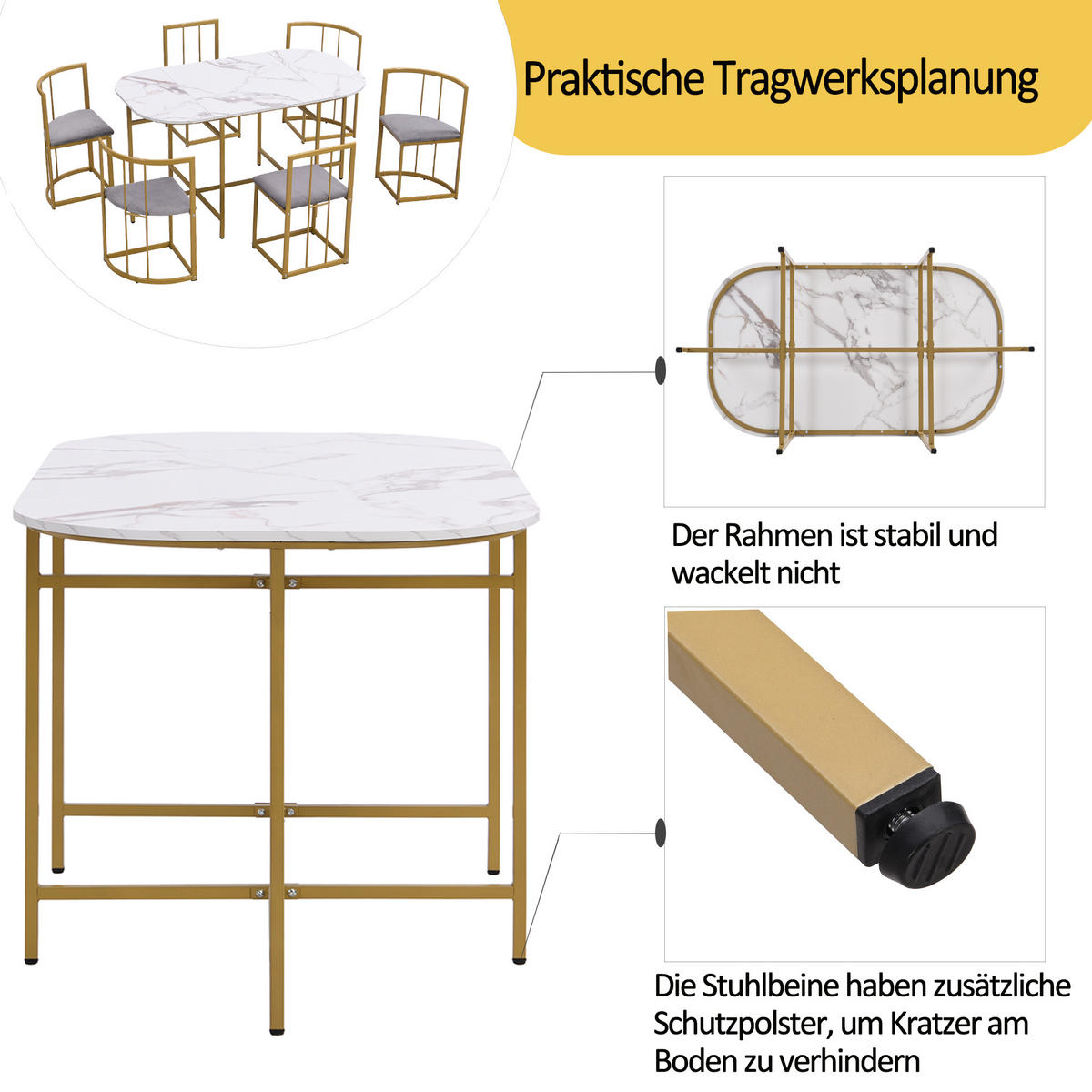ESSGRUPPE Esstisch 6 Stühle Weiß Grau Gold - Goldfarben, Holzwerkstoff (140/76/80cm) - FLIEKS