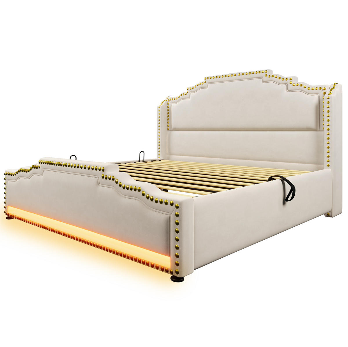 SAMT-POLSTERBETT 140/200 cm mit Bettkasten, LED und USB-C in Beige - Beige, Textil (140/200cm) - BEAOK