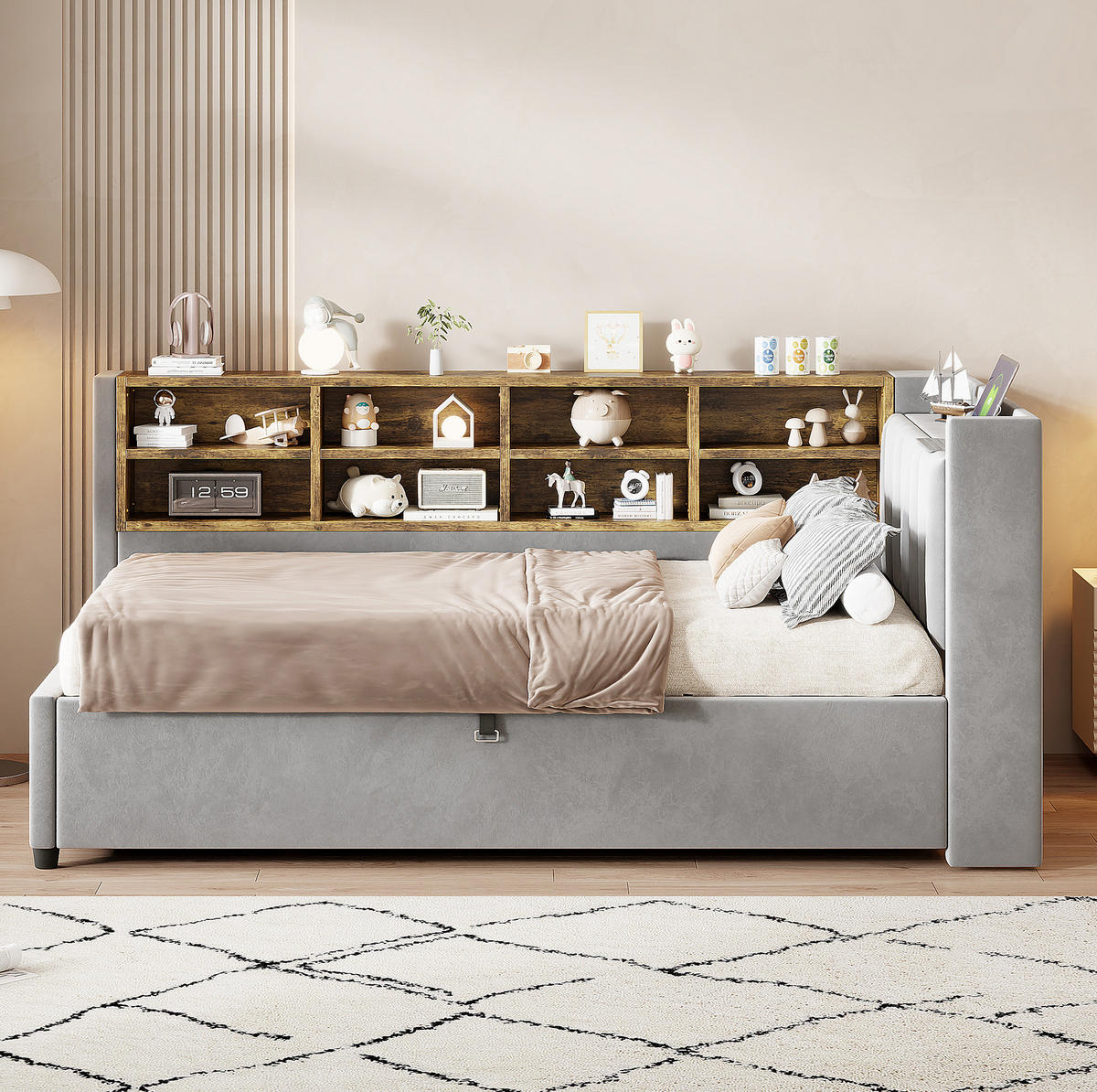 POLSTERBETT 90/200 cm Hellgrau mit Stauraum, Nachtlicht und USB- und Type-C-Anschlüssen - Hellgrau, Textil (90/200cm) - Flora Grace