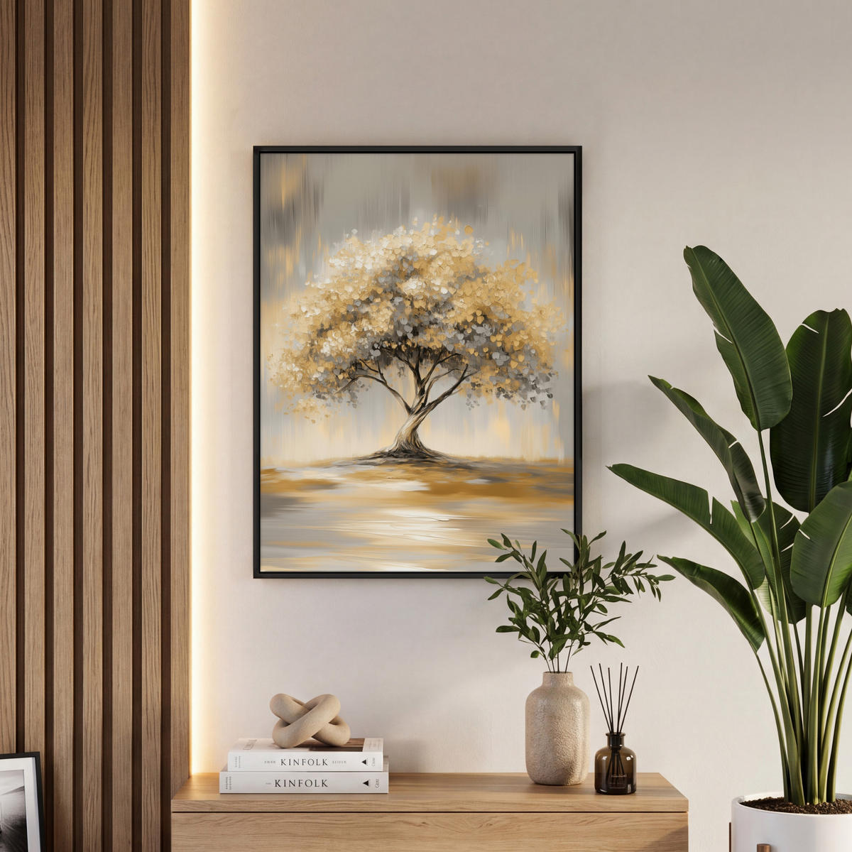 LEINWAND Bilder mit Rahmen - Gemälde - Baum - Abstrakt - Blätter - 60x80 - Beige, Textil (60/80cm) - MuchoWow