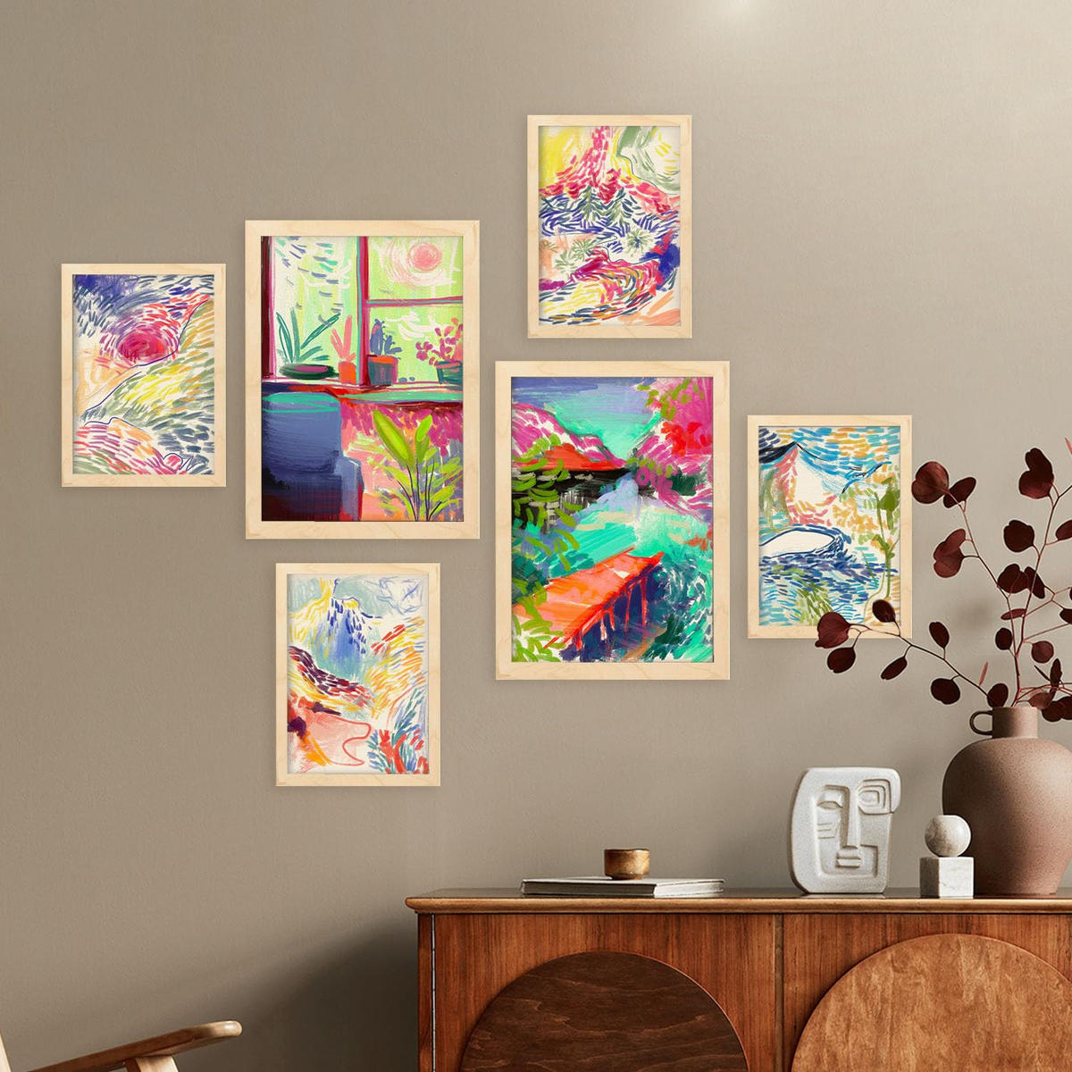 POSTER Set Mit 6 Essenz Der Natur In Kulissen Abstracts Ästhetische Dekorative Gemälde Für Ihr Wohnzimmer Zuhause A3 & A4 Rahmen Aus Hellem Holz - Beige, Papier (29/3cm) - Nacnic