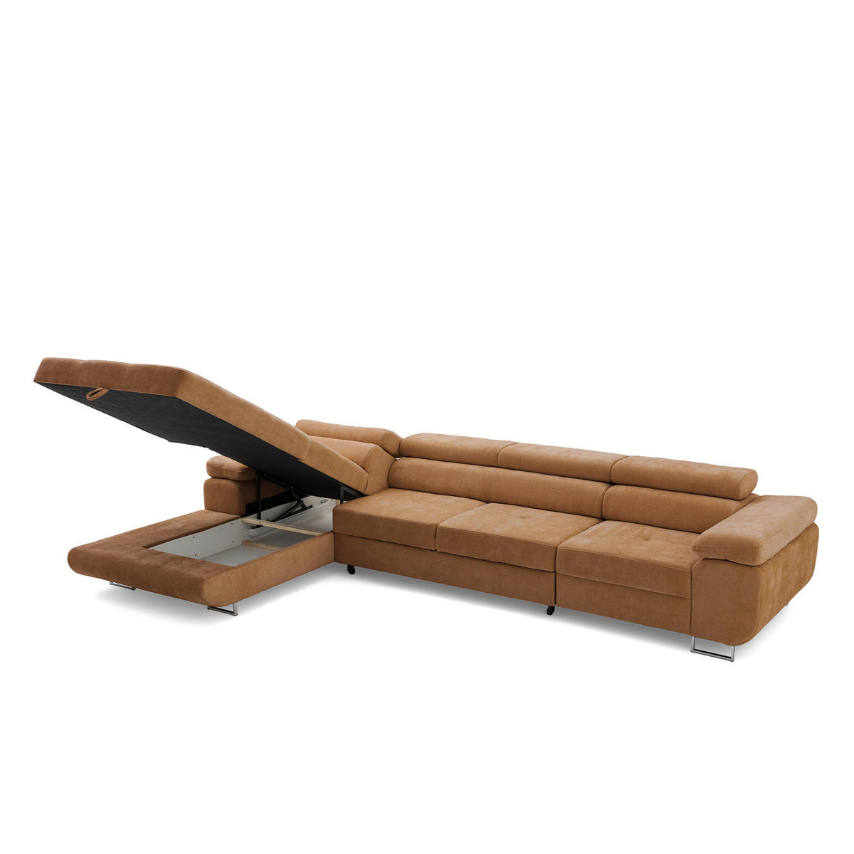 ECKSOFA ALONZO MAXI Links mit Schlaffunktion 125x195 Chenille Braun - Chromfarben/Braun, Holz/Textil (350/203cm) - Muffo