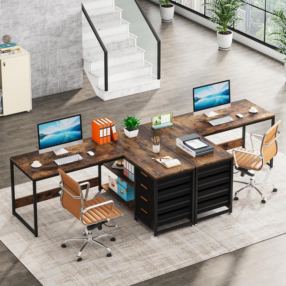 SCHREIBTISCH L-Form mit 4 Schubladen und 2 Ablagen braun 150 x 110 x 75 cm - Braun, Holzwerkstoff (150/110/75cm)