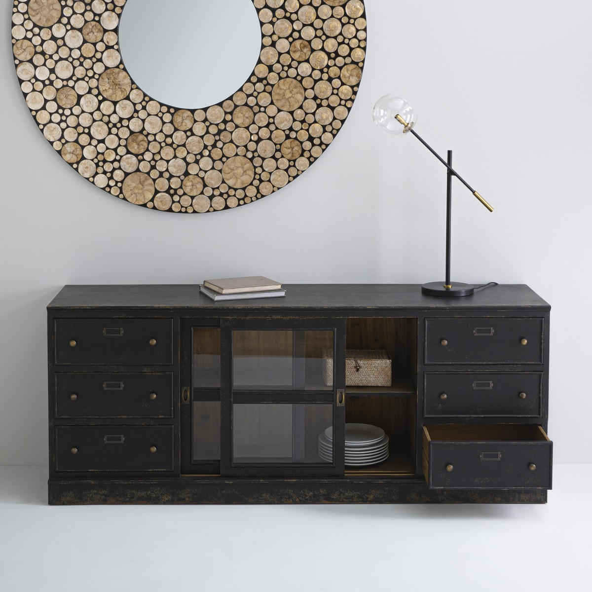 SIDEBOARD aus massivholz und glas - amsterdam 200/50/80 cm - Schwarz, Holz (50/80/200cm) - Signature