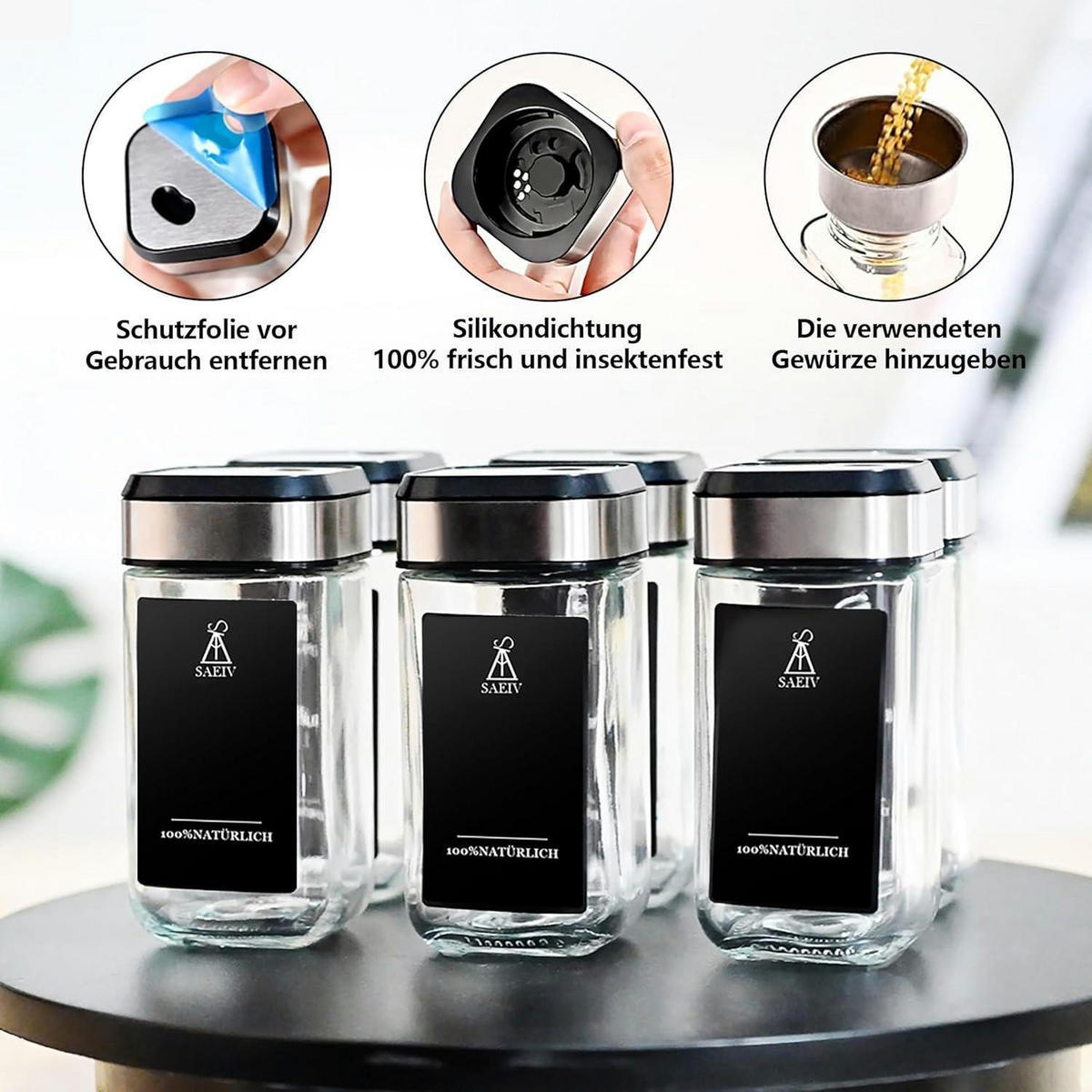 GEWÜRZGLÄSER 12-teiliges Set 120 ml Glas mit 360° Rotation und drei Kalibern - Multicolor, Glas (4.7/9.7/4.7cm)