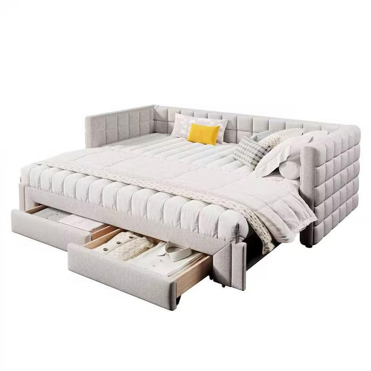 TAGEBETT 90x200cm Beige quadratische Rückenlehne Ausziehbett 2 Schubladen - Beige, Holz (90/200cm) - FLIEKS