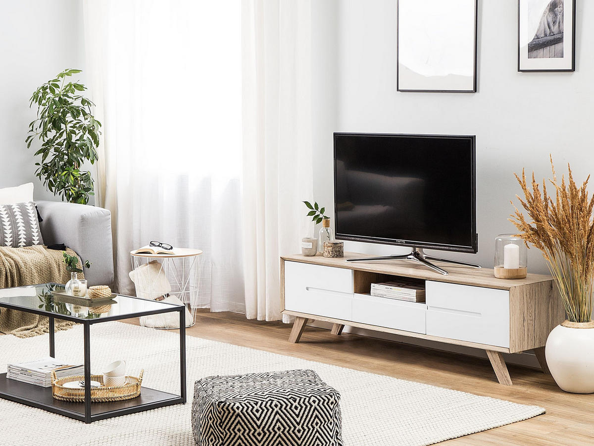 TV OMARICA bela, svetlo rjava FORESTER 40/150/45 cm - bela, leseni material (150/45/40cm) - Beliani