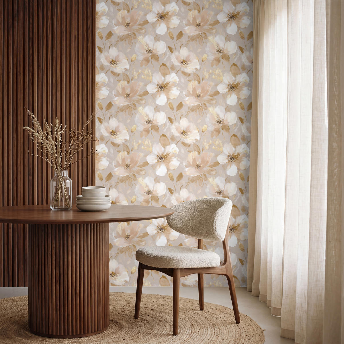 TAPETE - Blumen - künstlerisch - Gold - 160x260 cm - Beige, Papier (160/260cm) - OnlyWow