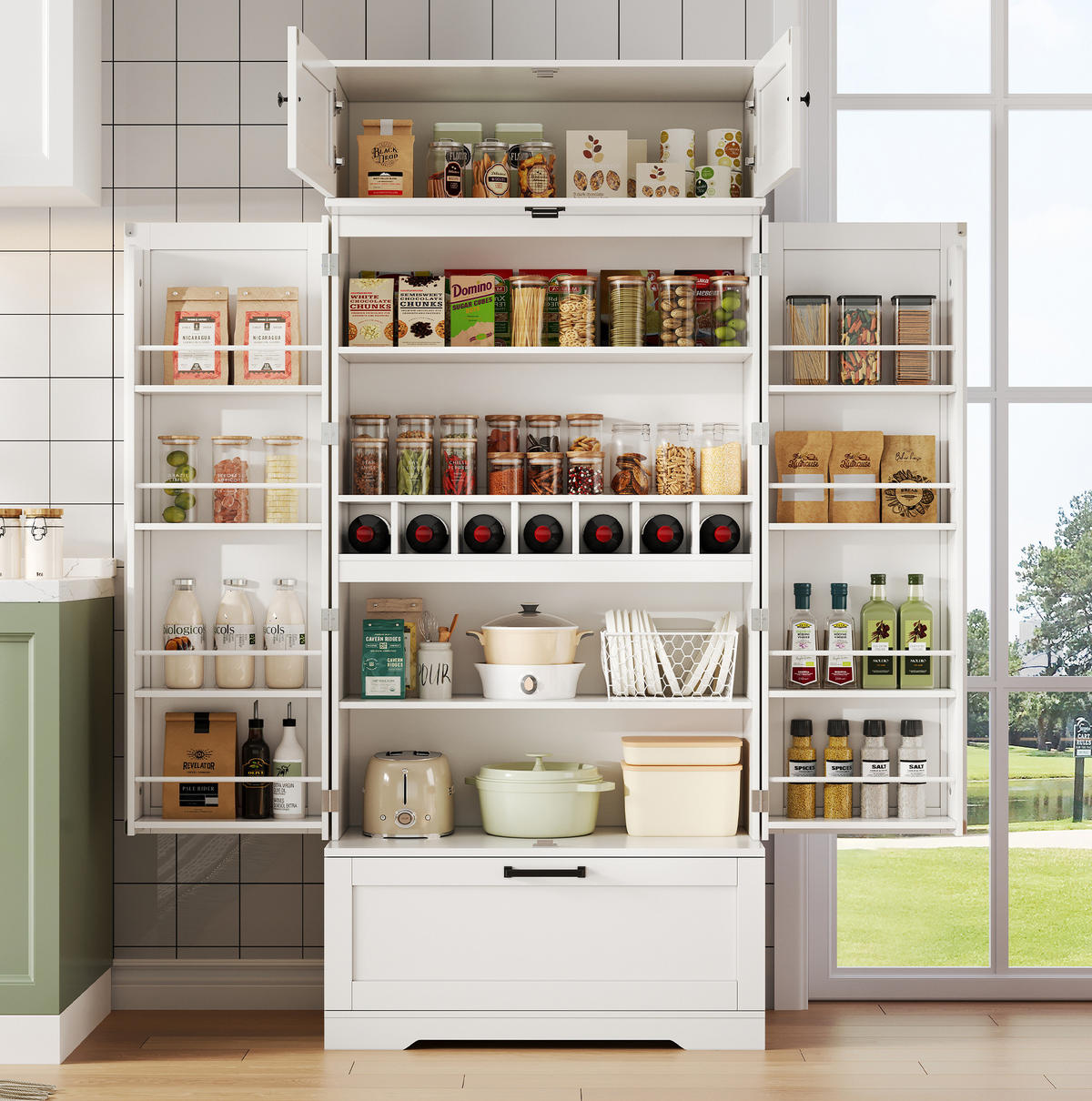 BUFFET 80/40/180 cm in Weiß mit Weinregal, Schublade und Türen - Weiß, Holzwerkstoff (80/180/40cm) - Flora Grace
