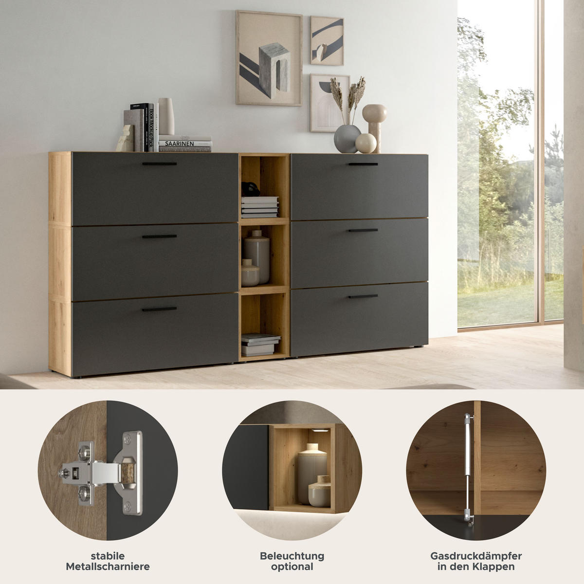 WOHNKOMBINATION THE ONE (B/H/T: ca. 176/99/34 cm) in Artisan Oak Nachbildung/Basalt grau - Eiche Artisan, Holzwerkstoff (176/99/34cm)