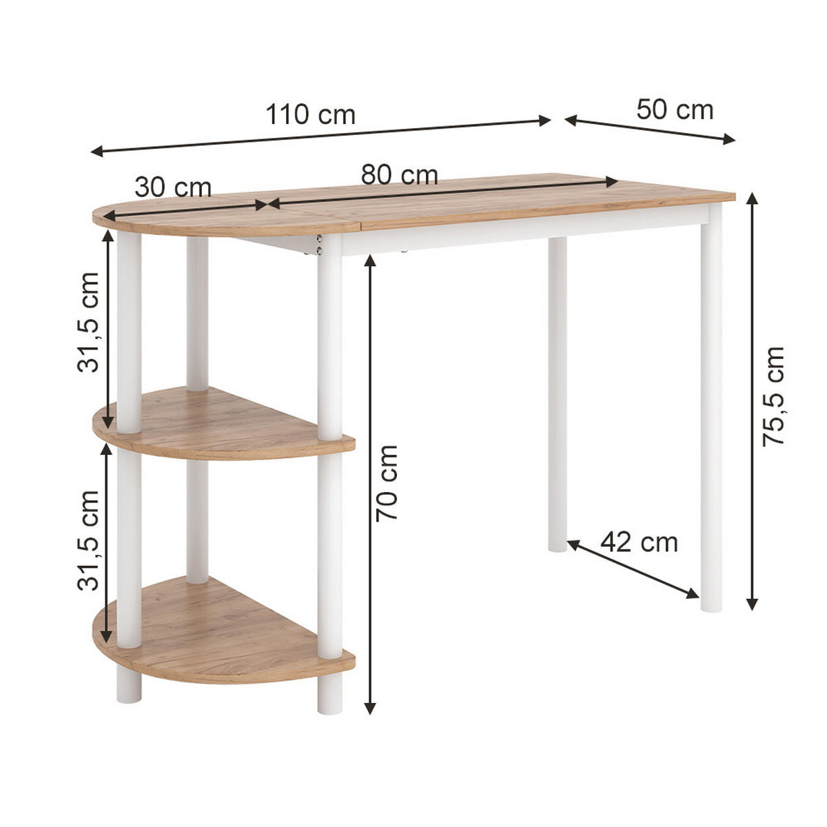 KÜCHENTISCH Freetown Goldkraft Eiche/Weiß 110 x 50 cm mit offene Ablagen - Eichefarben/Weiß, Holzwerkstoff (50/110/75.5cm) - Vicco