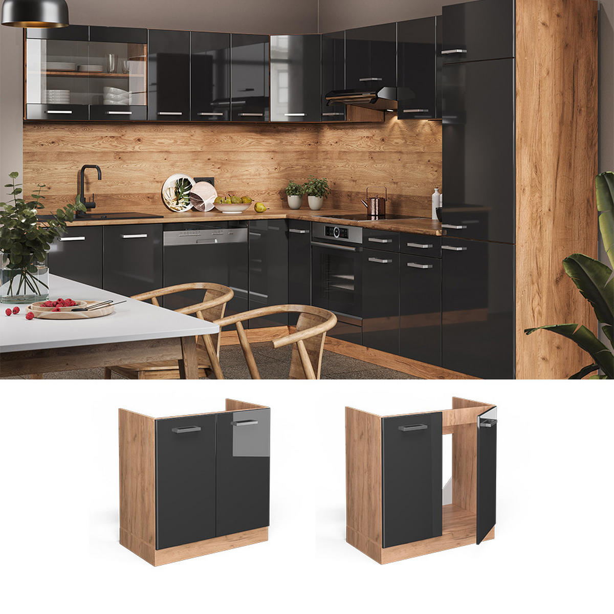 SPÜLENUNTERSCHRANK R-Line Anthrazit Hochglanz 80 cm, AP Eiche - Anthrazit/Eiche Wotan, Holzwerkstoff (80/81.6/60cm) - Vicco