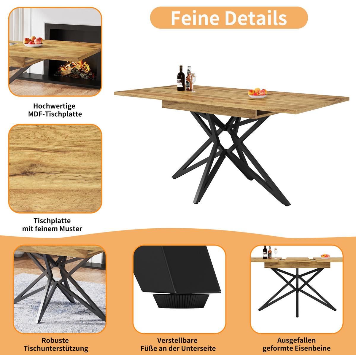 JÍDELNÍ stůl 120/160/80/76 cm ořechový z MDF a kovu rozkládací s hvězdicovou podnoží - hnědá, kompozitní dřevo (120/80/76cm) - OKWISH