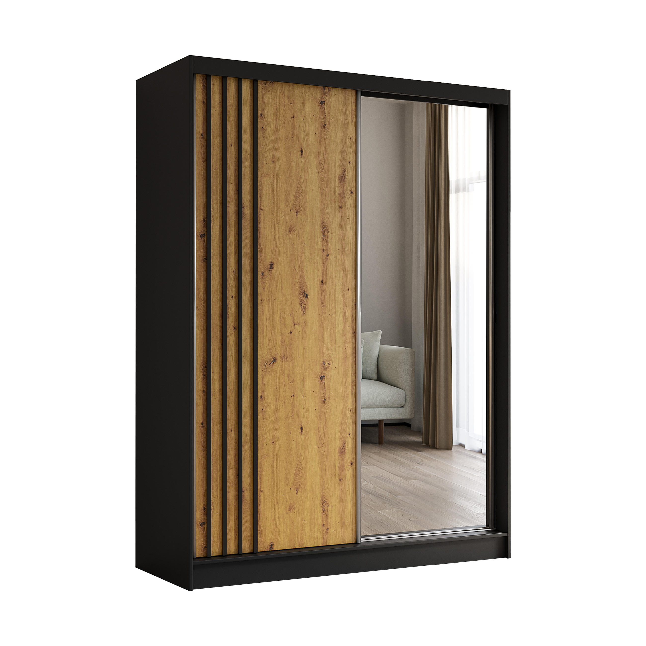 KLEIDERSCHRANK mit Spiegel-Schiebetüren und Aluminium-Leisten, LED-Beleuchtung - NALLA - 160 cm Schwarz+Artisan+Schwarz - Schwarz/Eiche Artisan, Holzwerkstoff (160/216/61cm) - ALTDECOR
