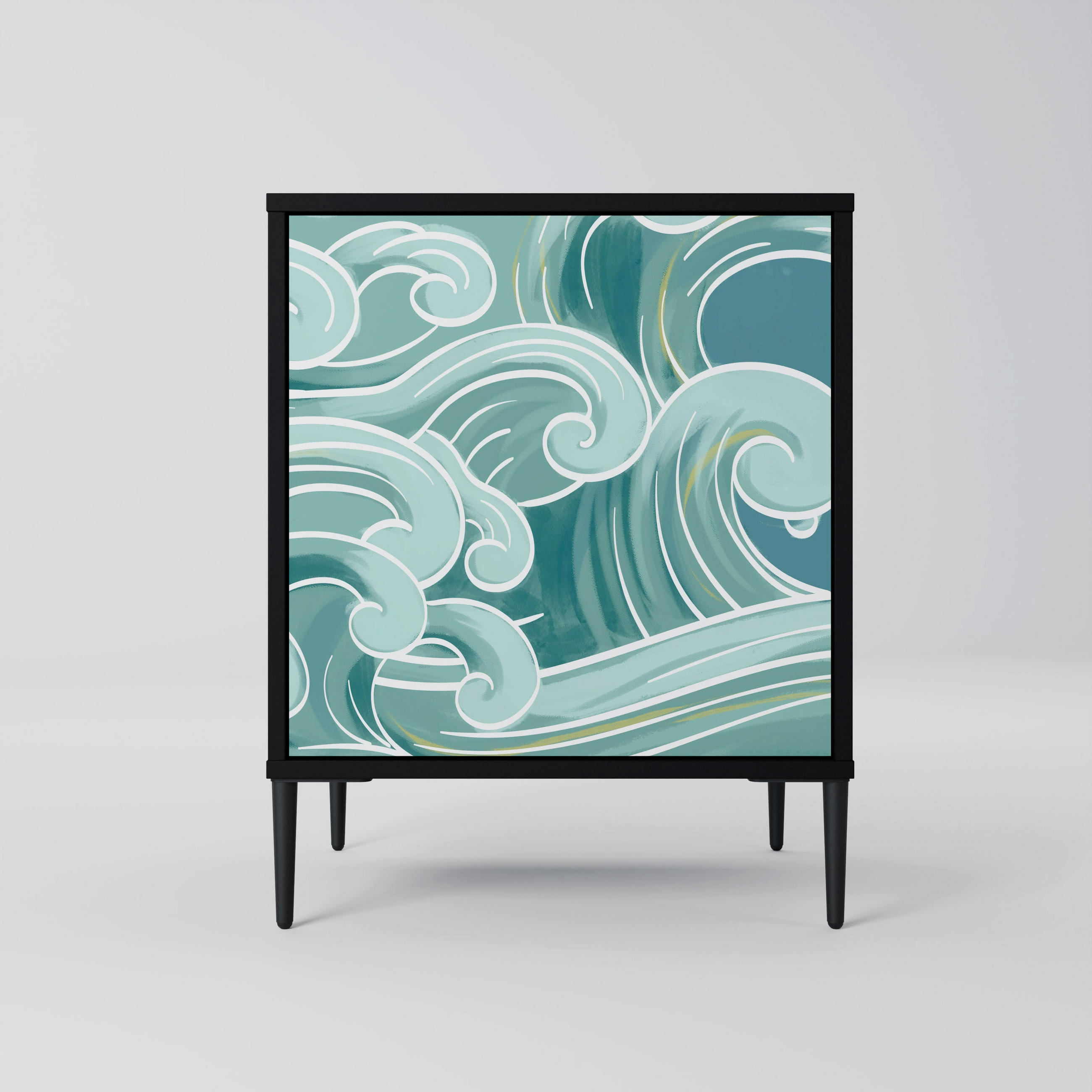 SIDEBOARD ASIAN SWAY, Schwarz, 57,5x42x72,5 cm, Schwarze Metallfüße - Multicolor/Schwarz, Holzwerkstoff/Metall (57.5/72.5/42cm) - SpaceRebels