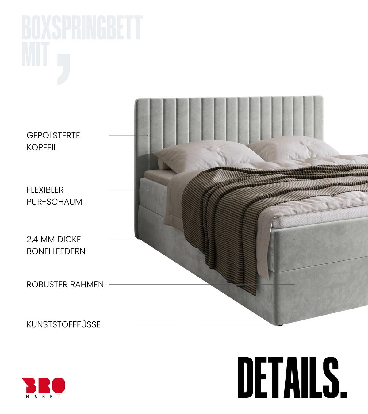 BOXBETT DREAM mit Topper 160x200 Grau - Grau, Textil (160/200cm) - Bromarkt
