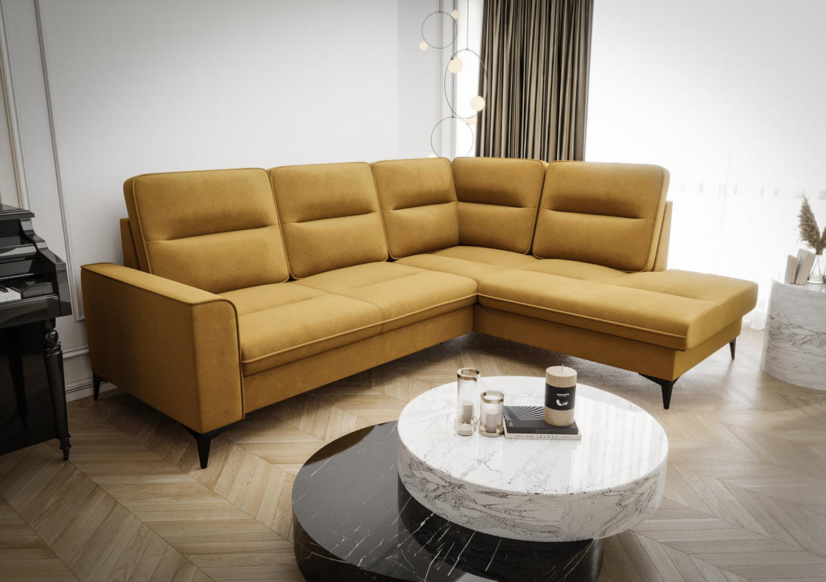 ECKSOFA KONGO RBN14, Eckcouch in L-Form mit Schlaffunktion, Farbe: Gelb, Velourstoff, Ottomane Rechts - Gelb, Textil (260/200cm) - O-Sofa