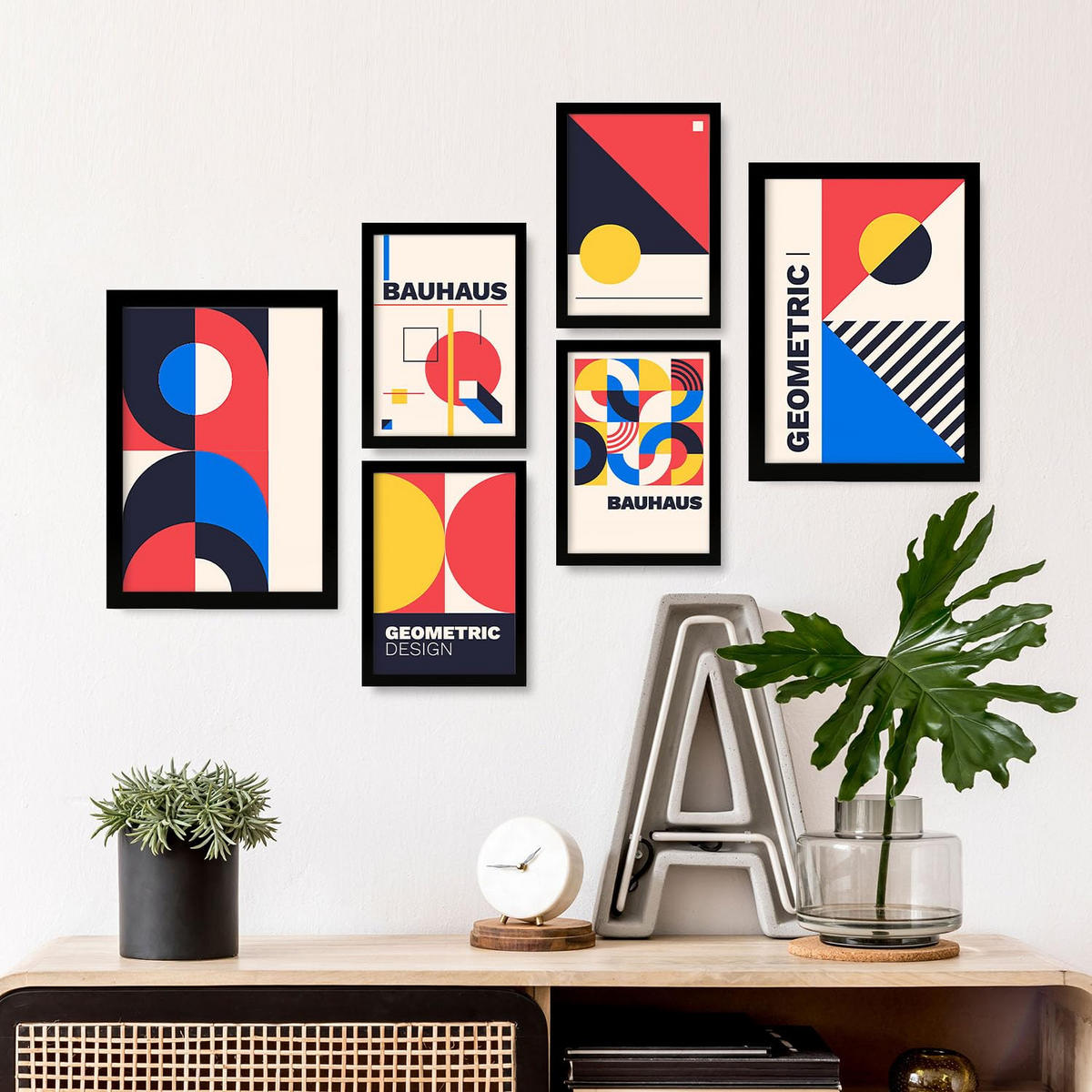 POSTER Set Mit 6 Drucken Im Bauhaus 5 Geometrische Designkollektion Drucke Mit Ästhetische Dekorative Rahmen Für Zuhause A3 & A4 Schwarzer Rahmen - Schwarz, Papier (29/3cm) - Nacnic